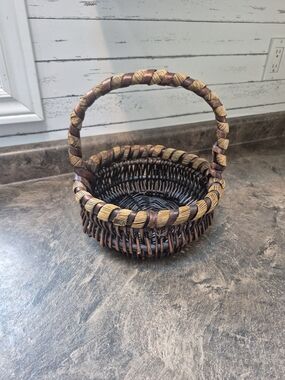 Handwoven Brown and Tan Wicker Basket with Handle